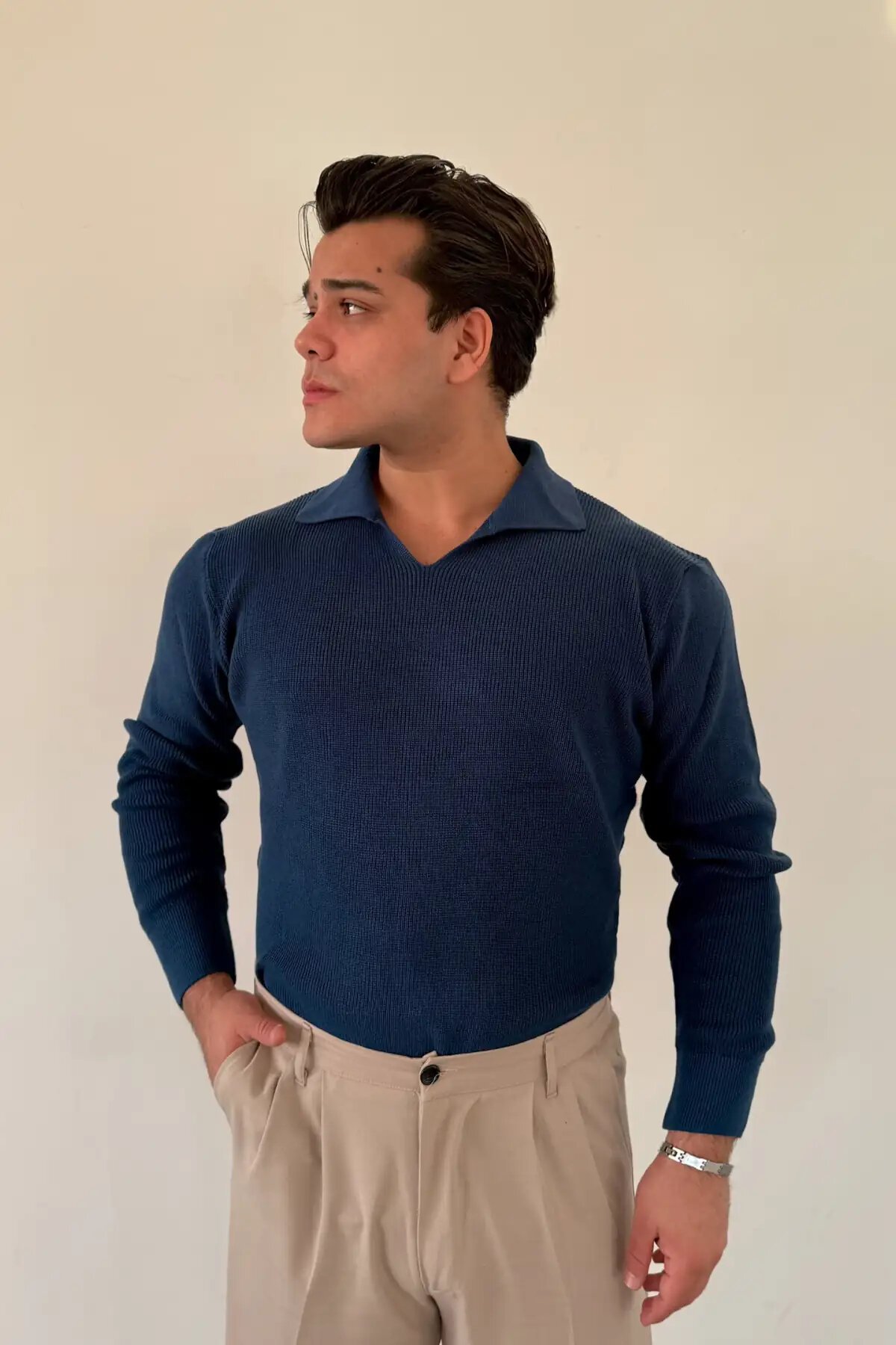 Knit Polo Collar Sweater Indigo