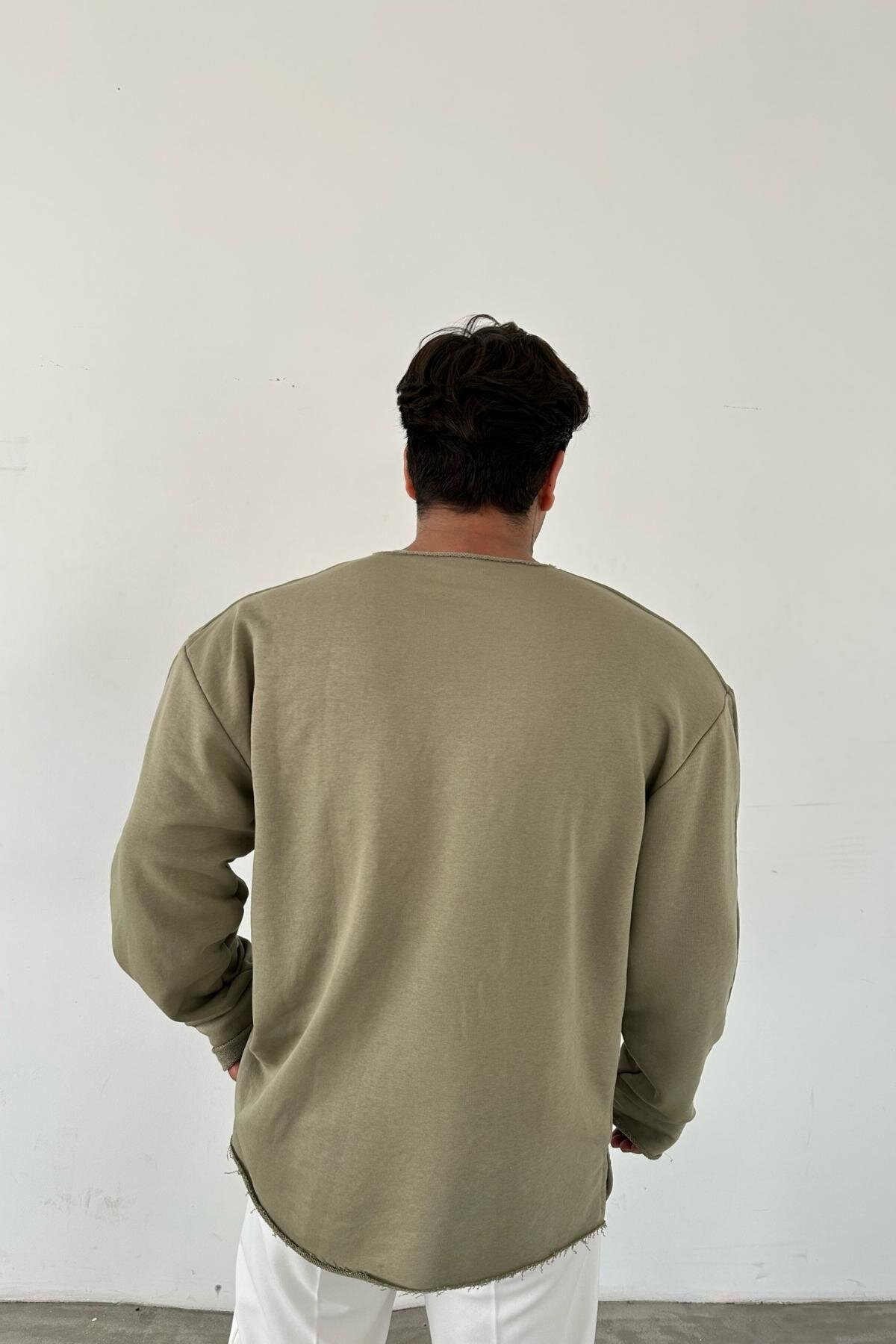 Sweater with Stripes, Raw Edge Neck, Green