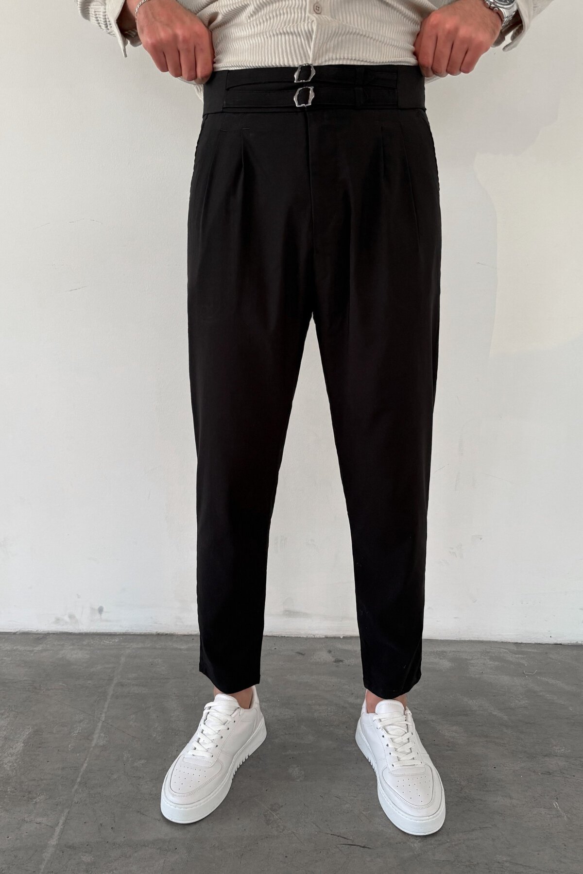 Black Double-Belt Gabardine Pants