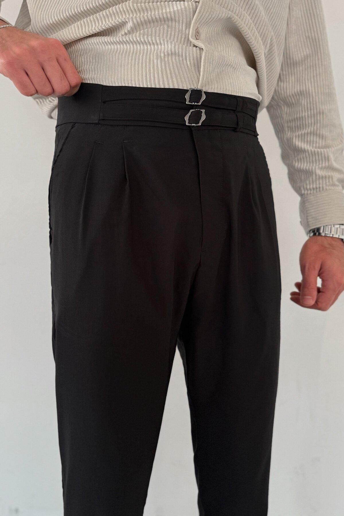 Black Double-Belt Gabardine Pants