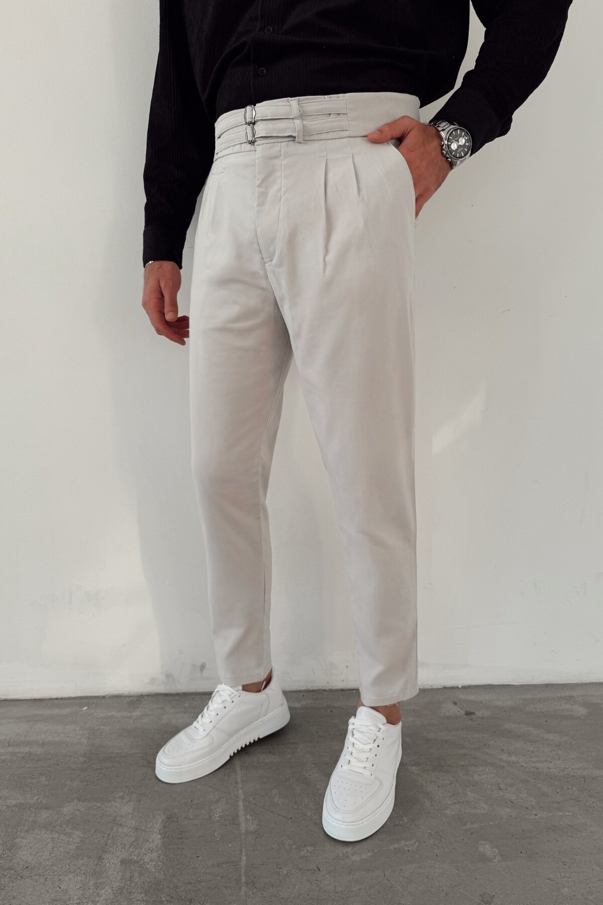 Gray Double-Belt Gabardine Pants