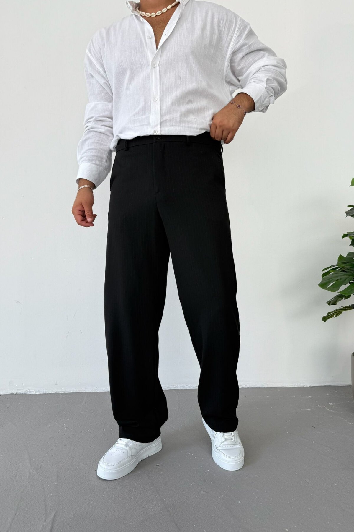 Siyah Çizgili Baggy Kumaş Pantolon
