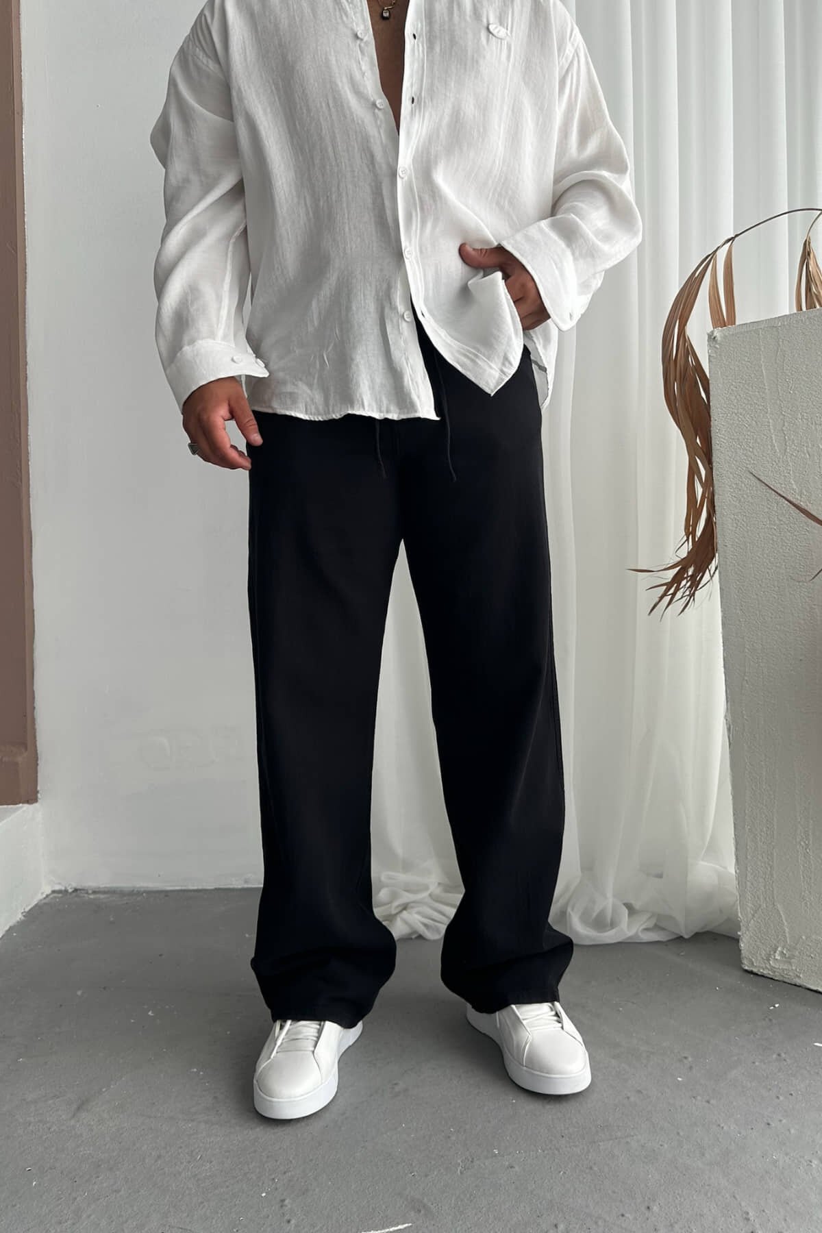 Siyah Gabardin İpli Baggy Pantolon