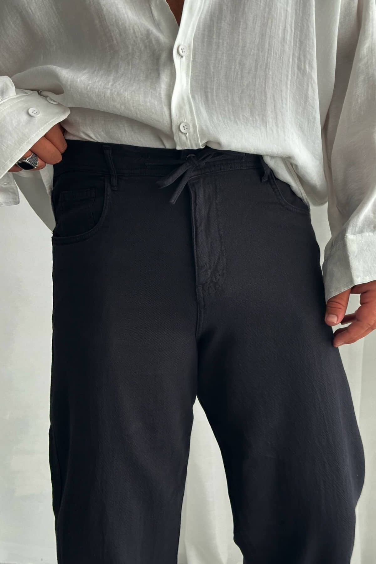 Siyah Gabardin İpli Baggy Pantolon