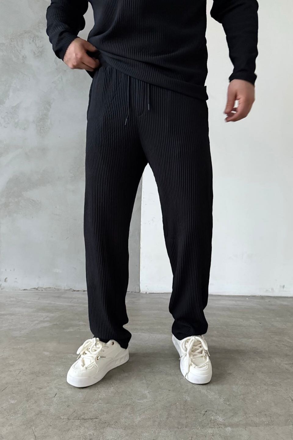 Black Ottoman Fabric Ribbed Pants