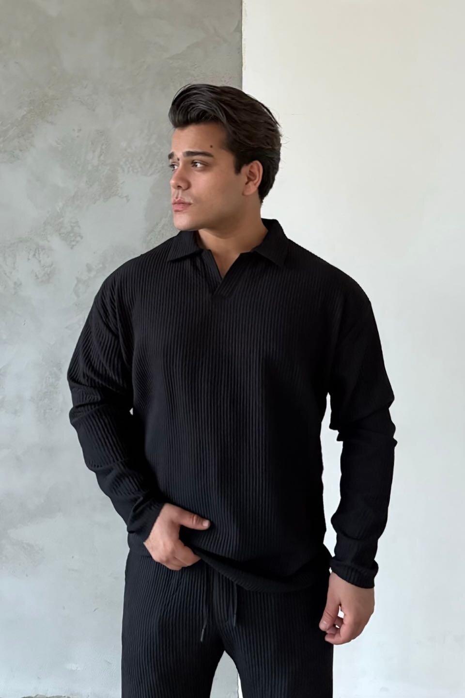 Black Ottoman Fabric Ribbed Polo Collar Knitwear