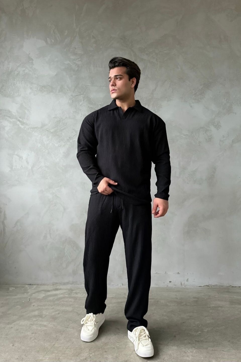 Black Ottoman Fabric Ribbed Polo Collar Knitwear