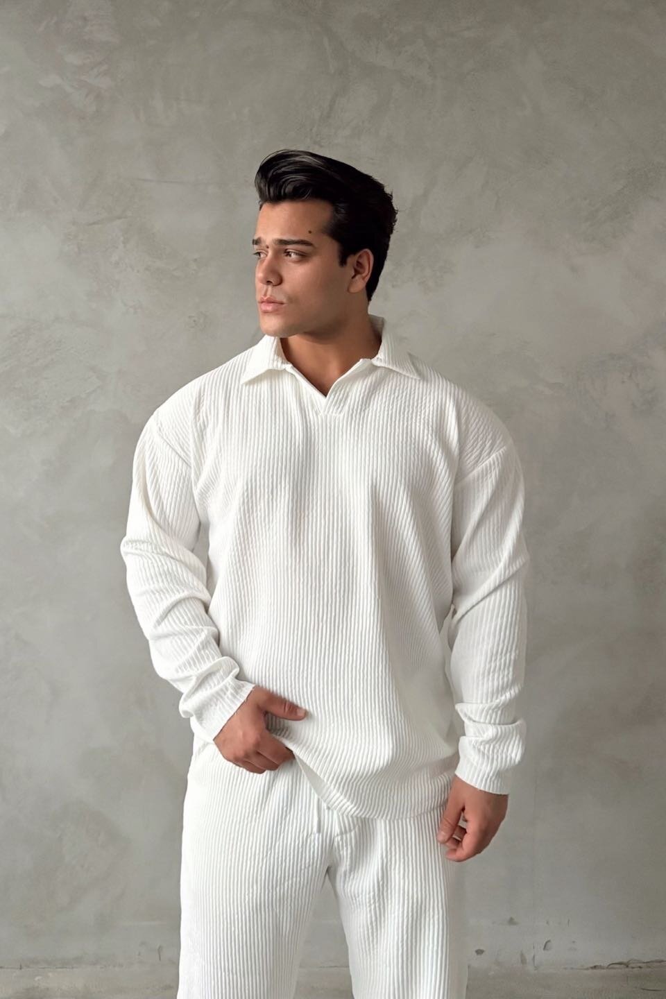 White Ottoman Fabric Ribbed Polo Collar Knitwear