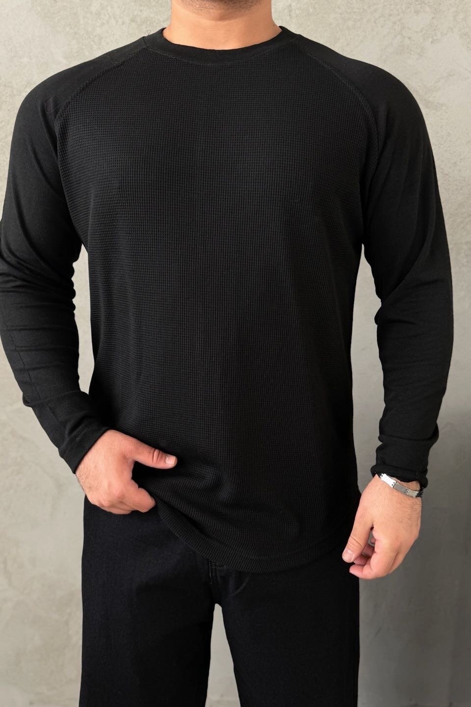 Siyah Waffle Kumaş Reglan Kol Sweat