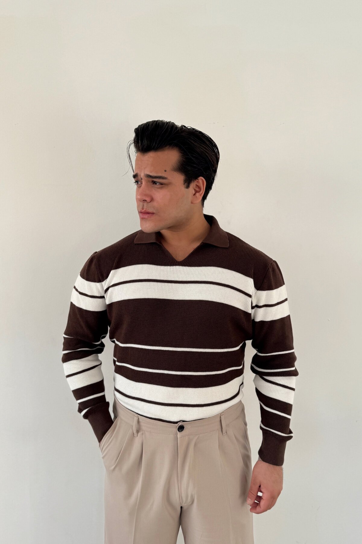 Horizontal Striped Knit Sweater Brown