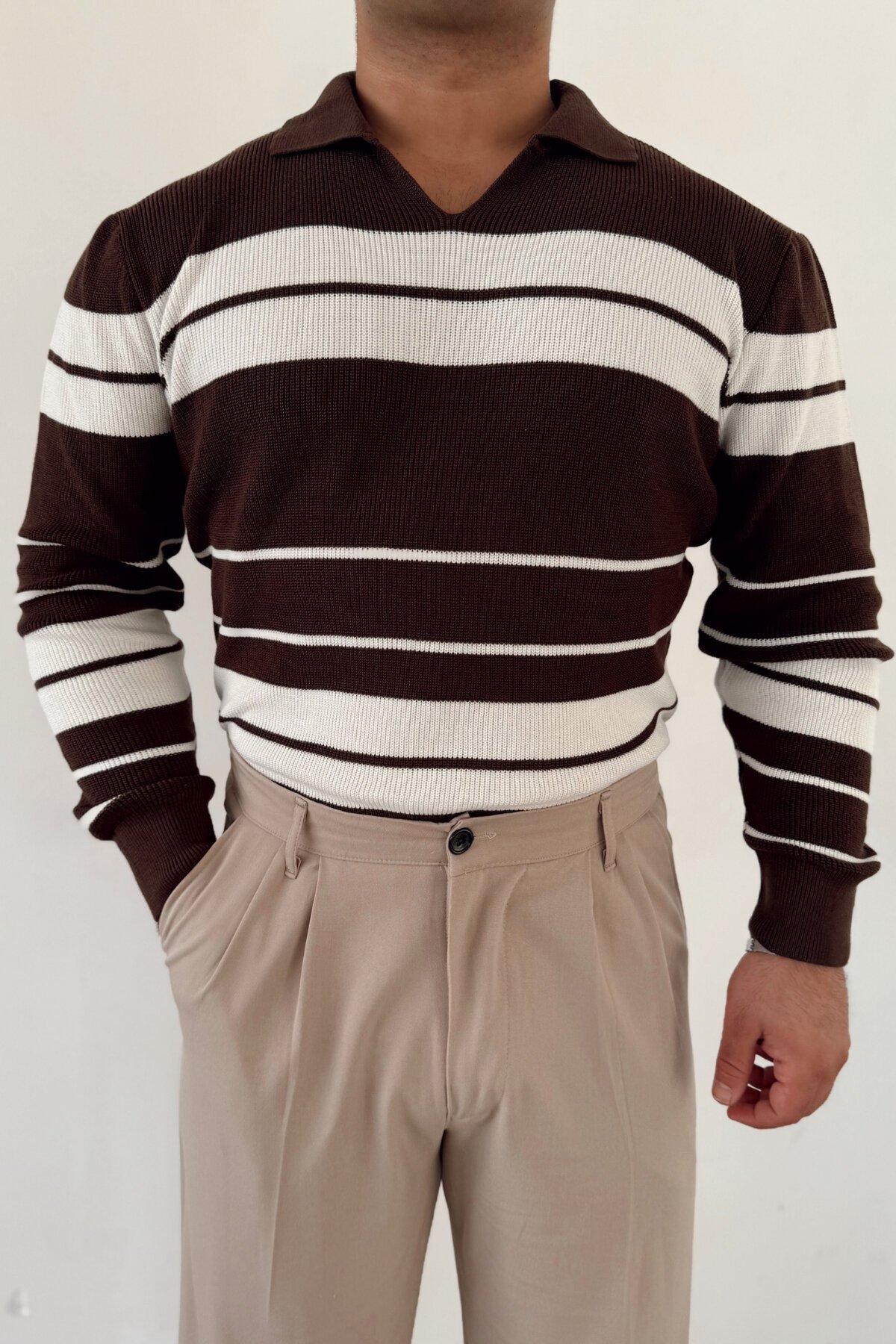 Horizontal Striped Knit Sweater Brown