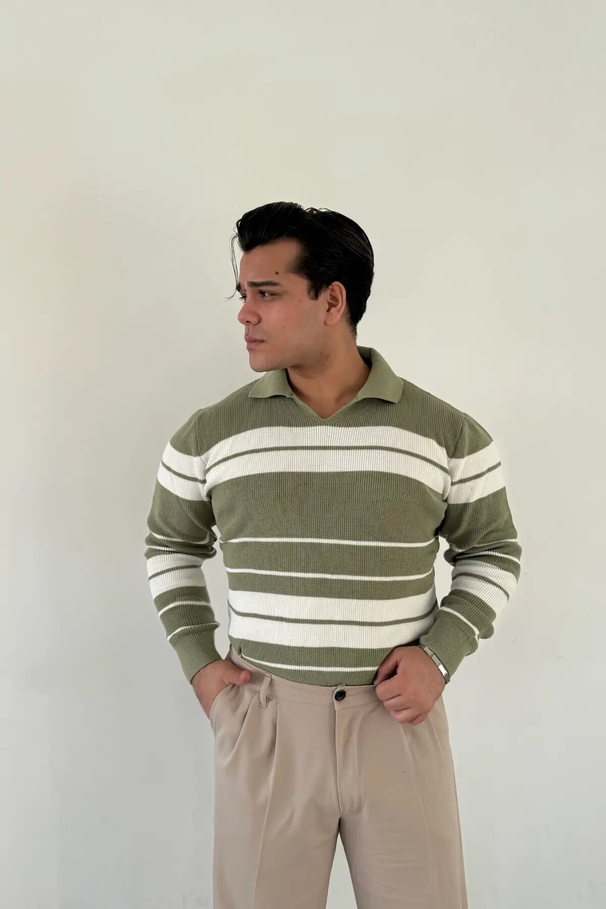 Horizontal Striped Knit Sweater Green