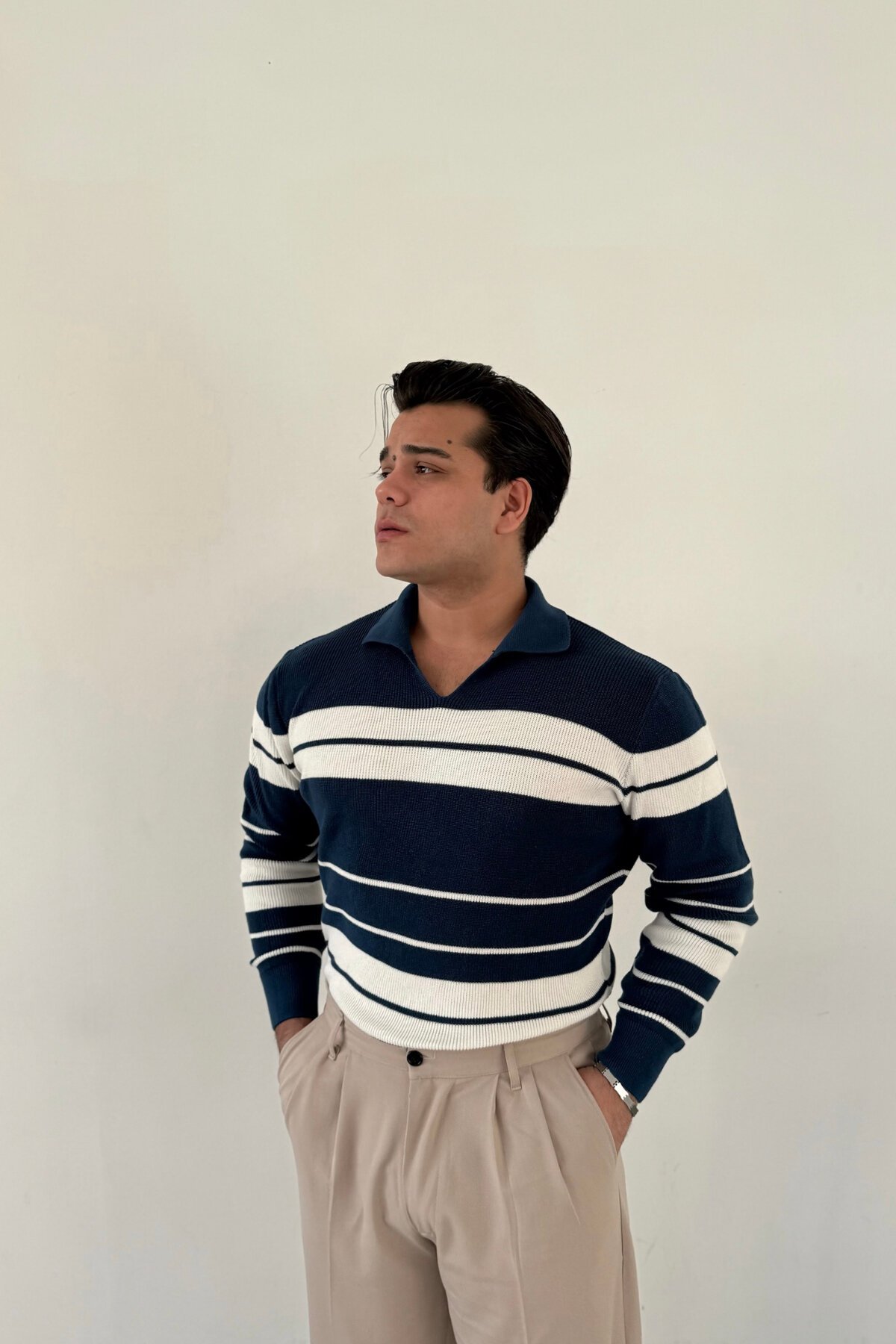 Horizontal Striped Knit Sweater Dark Blue