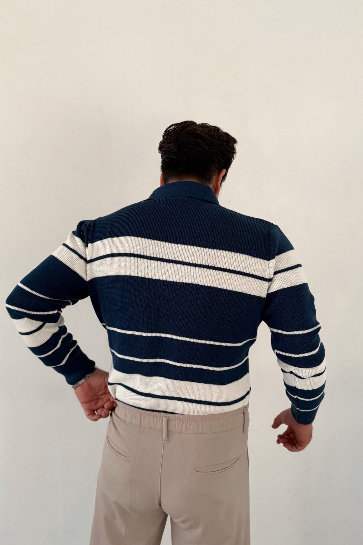 Horizontal Striped Knit Sweater Dark Blue