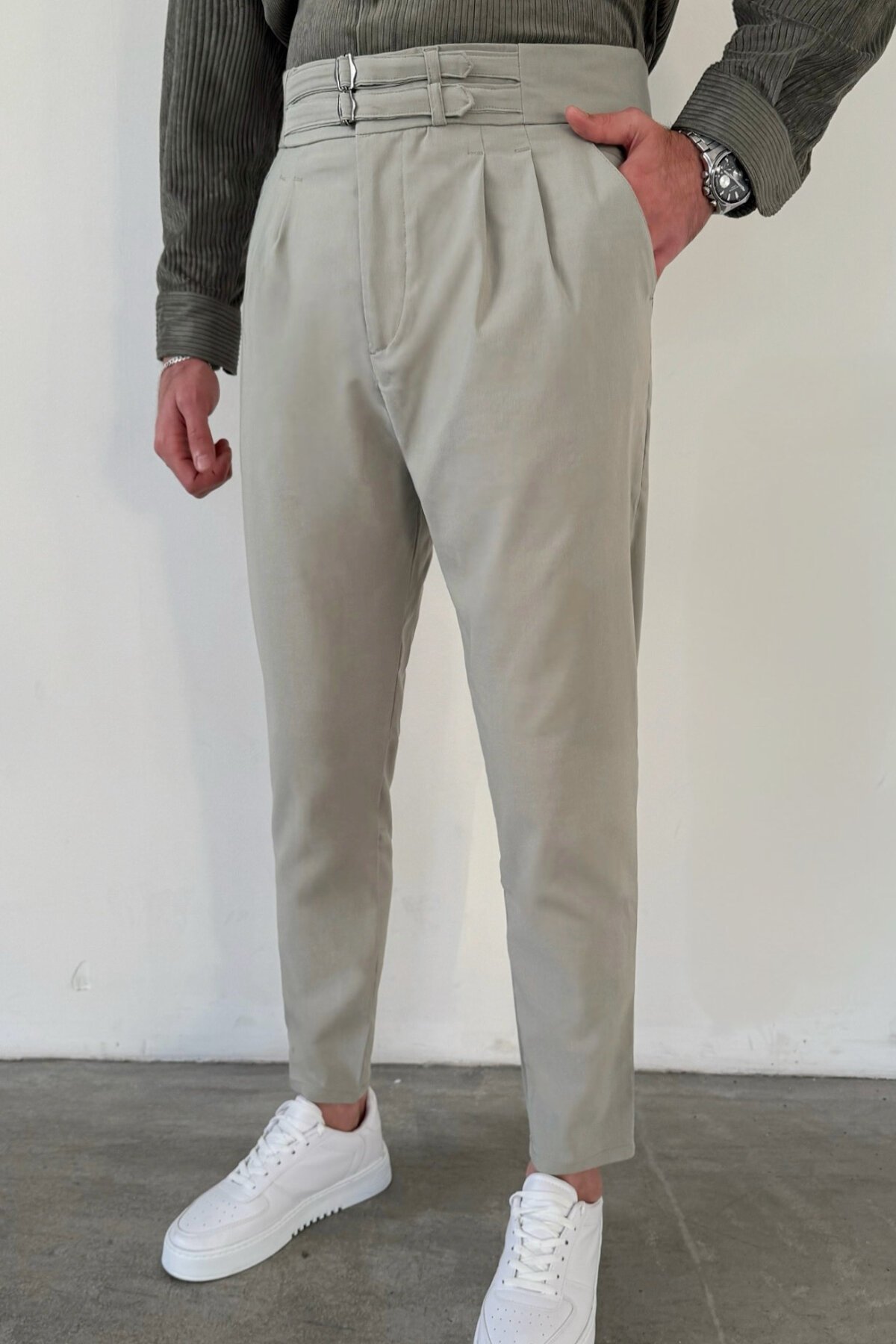 Green Double-Belt Gabardine Pants