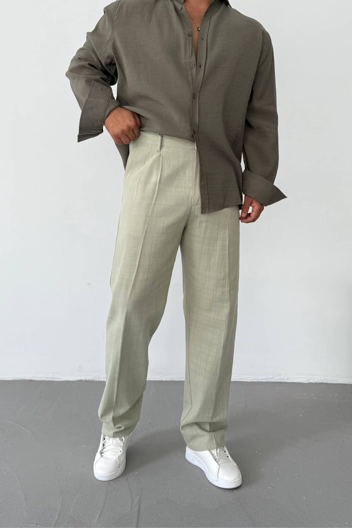 Yeşil Pileli Keten Baggy Pantolon