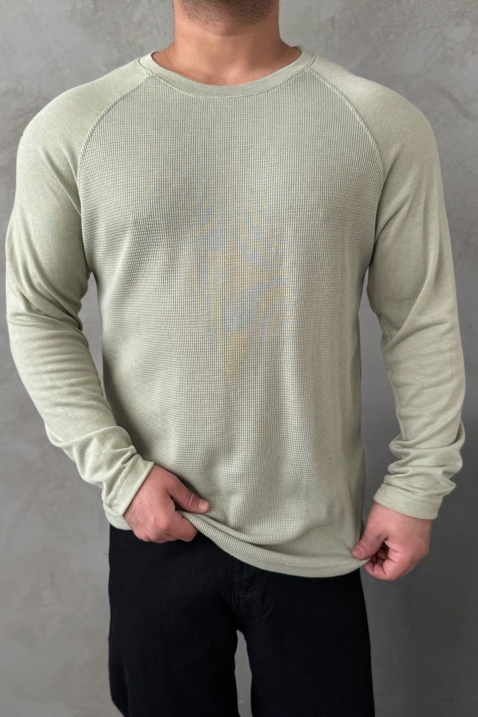 Yeşil Waffle Kumaş Reglan Kol Sweat