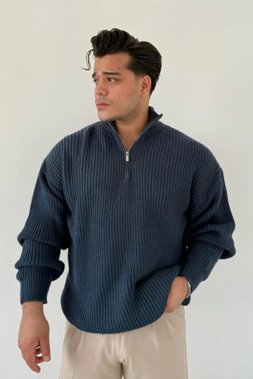 Zip-Up Knit Sweater Indigo