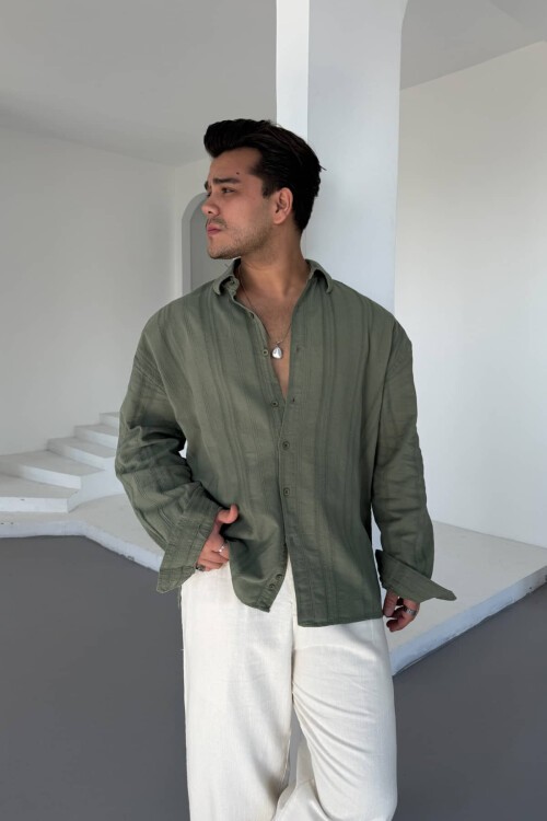 Haki Yeşil Linen Nakışlı Keten Gömlek