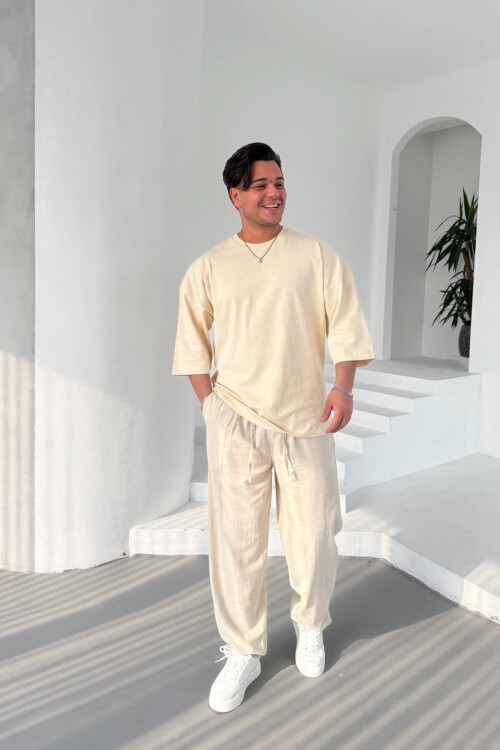 Krem Basic Fakir Kol T-Shirt