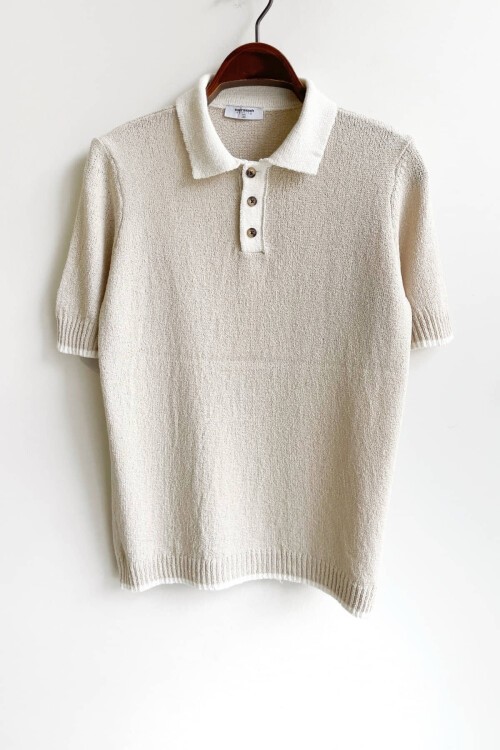 Krem Pamuklu Polo Yaka Triko