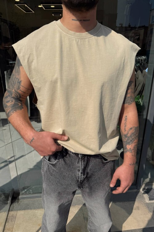 Krem Sıfır Kol T-Shirt