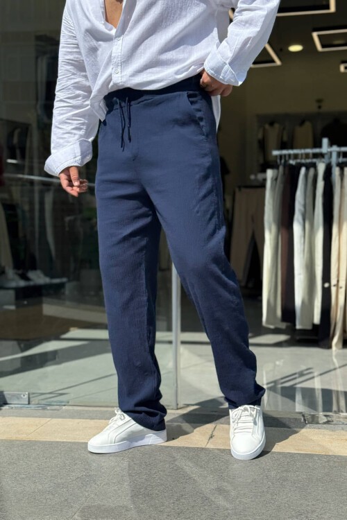Lacivert Kırınkıl Boru Paça Pantolon