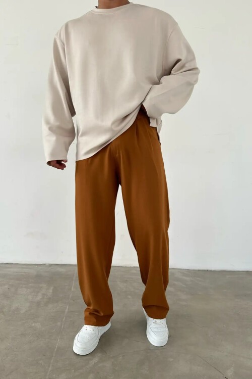 Pileli Baggy Taba Pantolon