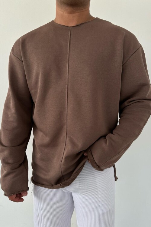 Sweater with Stripes, Raw Edge Neck, Brown