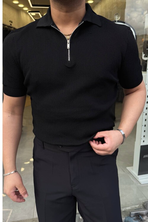 Siyah Fermuarlı Polo Yaka Triko