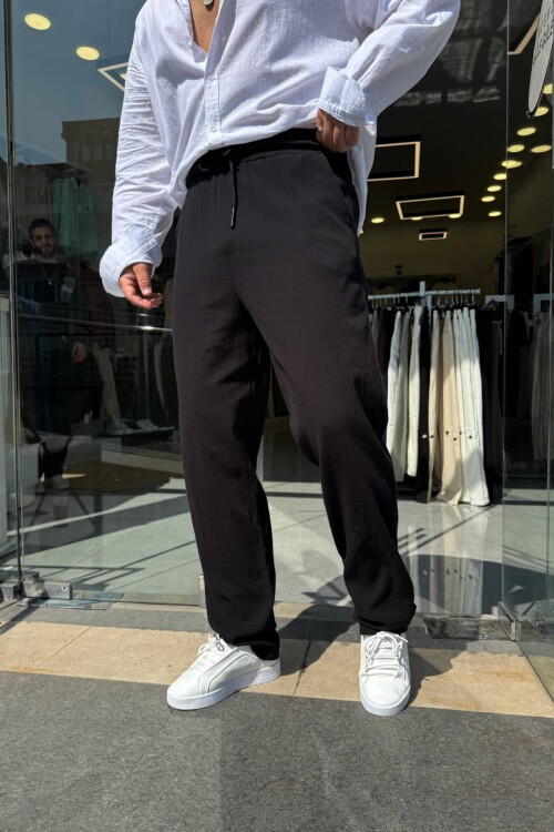 Siyah Kırınkıl Boru Paça Pantolon